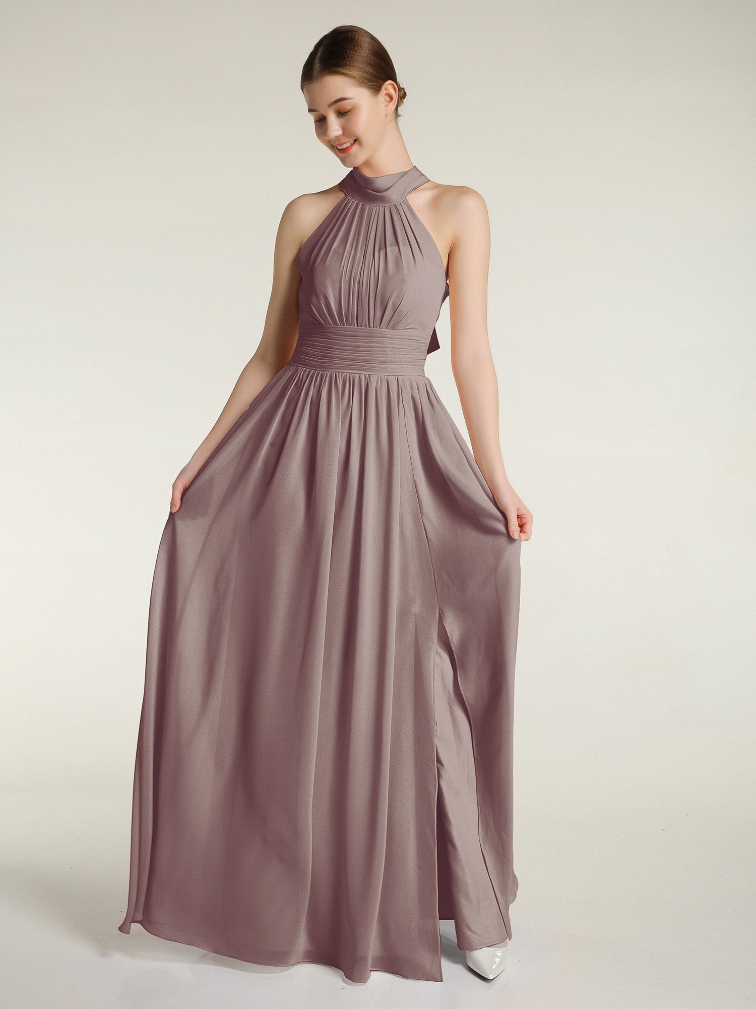 Halter Chiffon Bridesmaid Dress with Slit Dusk
